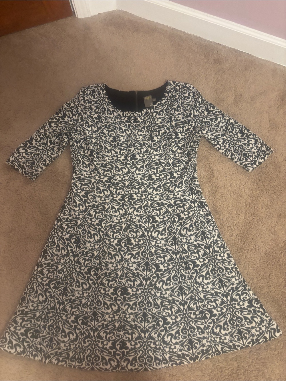 Taylor Black and White Patterned Fit-and-Flare Dress